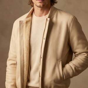 Cream Velour Bomber Jacket